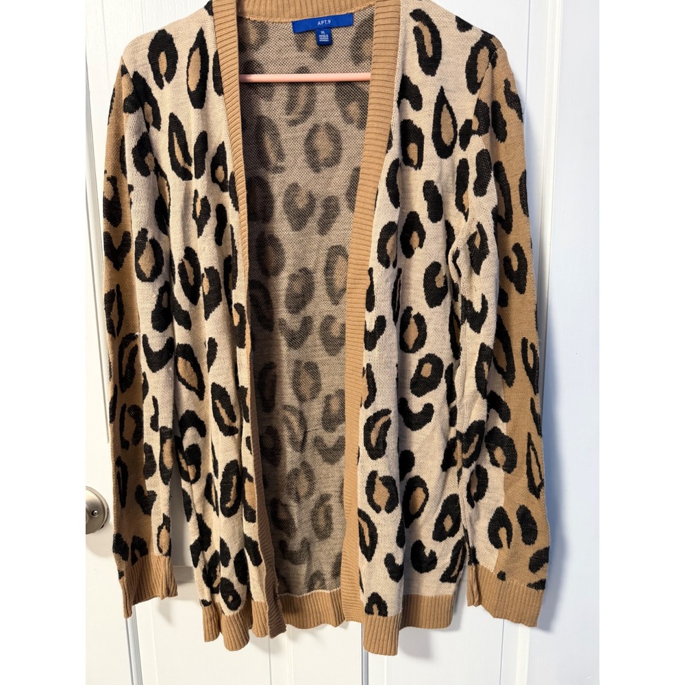 Apt. 9 Leopard Print Cardigan Womens XL Tan Open Front Knit